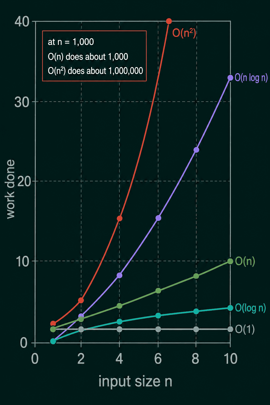 Work done against input size n for O(1), O(log n), O(n), O(n log n) and O(n squared), with the quadratic curve rising fastest