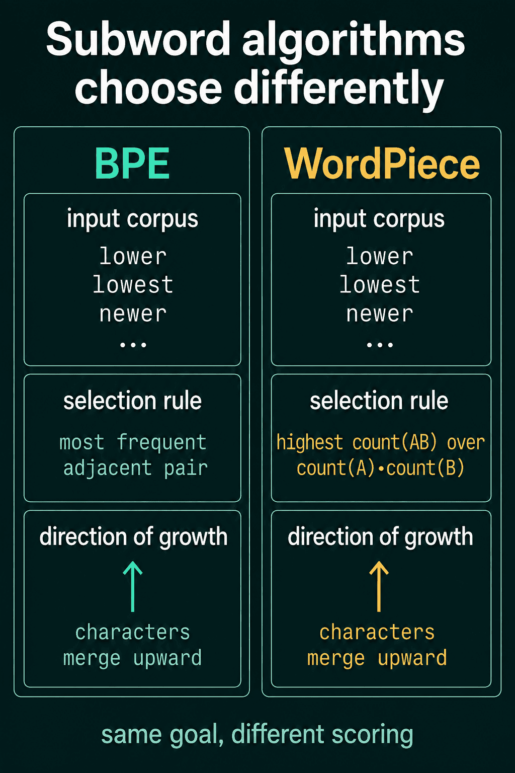 BPE and WordPiece side by side on the same corpus of lower, lowest and newer, both growing up from characters, where BPE picks the most frequent adjacent pair and WordPiece picks the highest count of AB over count of A times count of B