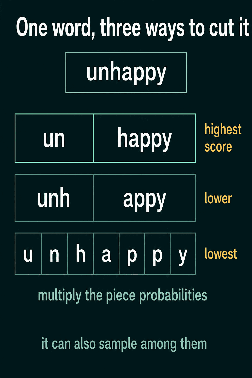 The word unhappy cut three ways, un plus happy with the highest score, unh plus appy lower, and seven single letters lowest, scored by multiplying the piece probabilities