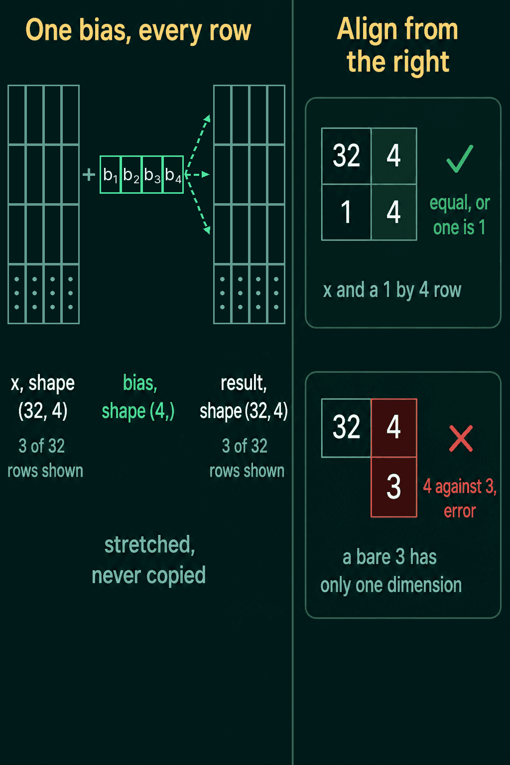 Left: x with shape (32, 4) plus bias with shape (4,) gives a result of shape (32, 4), with the bias row b1 to b4 stretched down every row, never copied. Right: aligning shapes from the right, (32, 4) against (1, 4) works because each pair is equal or one is 1, while (32, 4) against (3) fails because 4 against 3 is an error