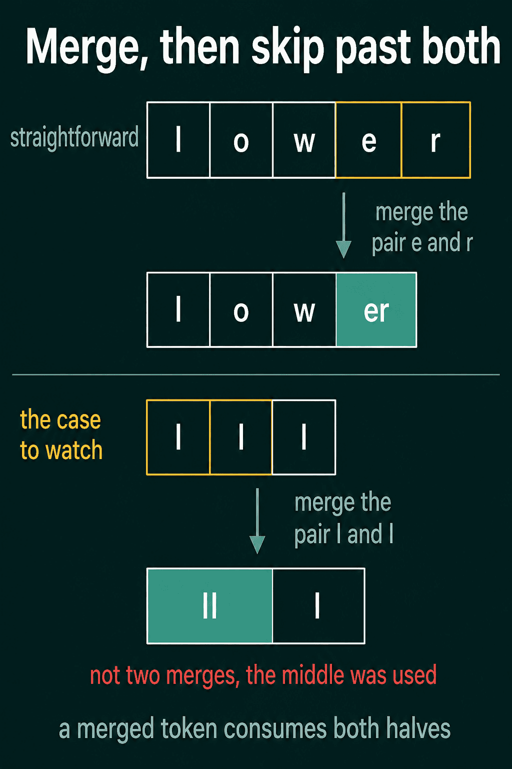 Merging e and r in l o w e r to get l o w er, and merging l and l in l l l to get ll and l, where the middle token was already used