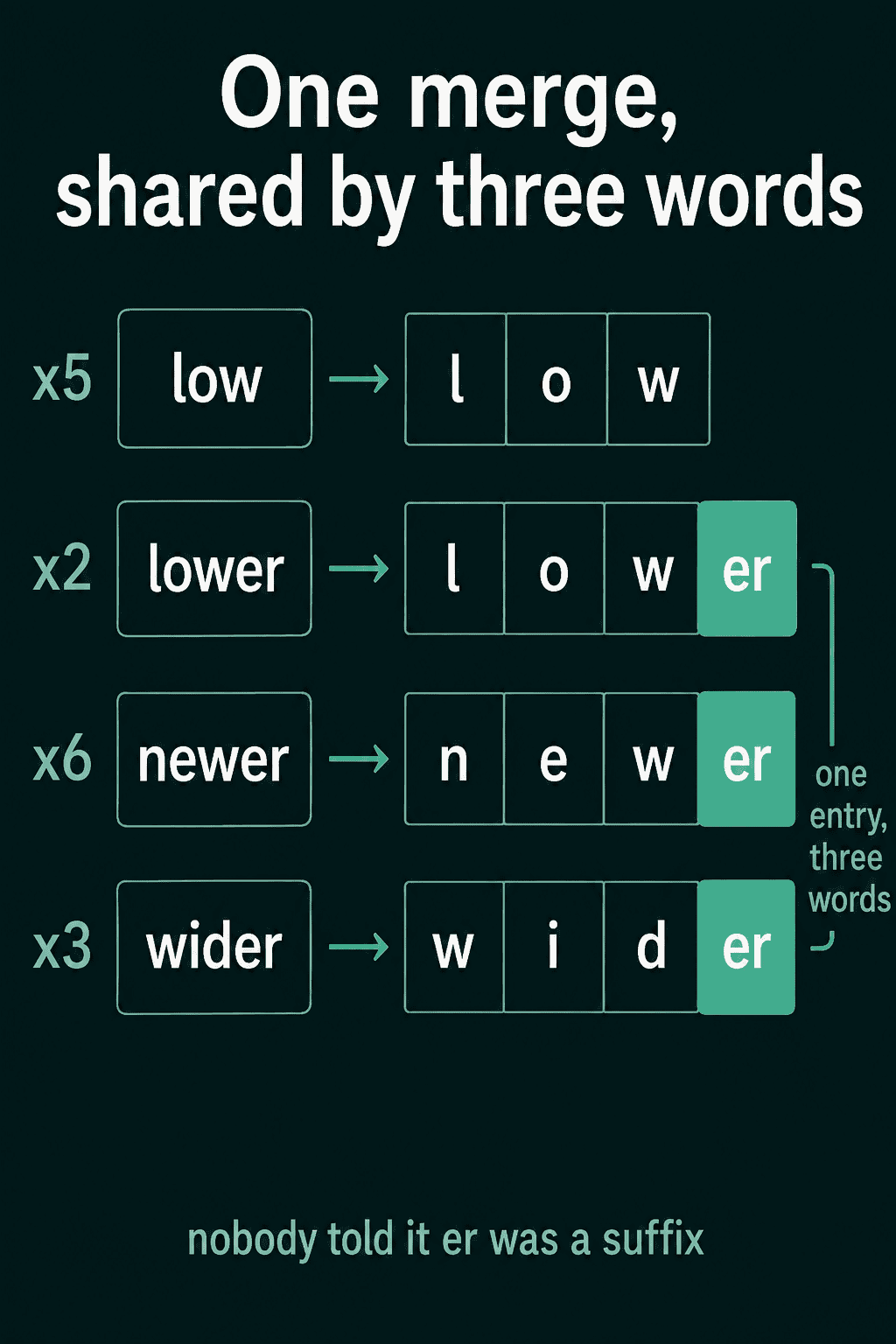 The words low, lower, newer and wider with their counts, where the first merge gives lower, newer and wider one shared er token