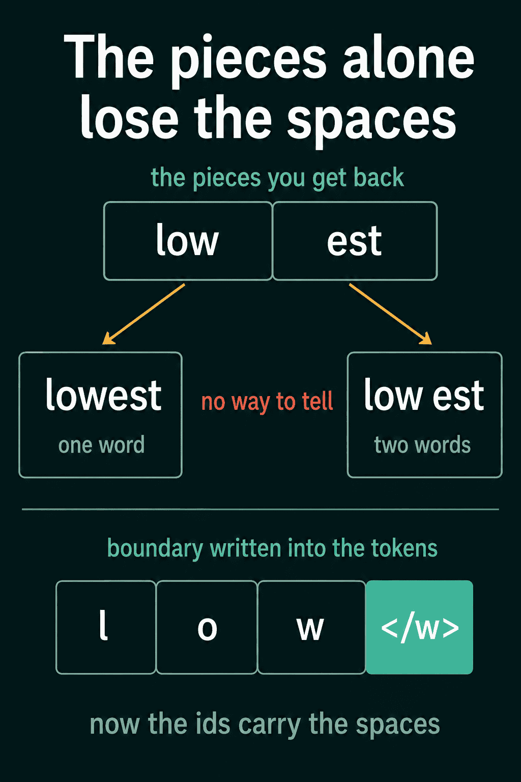 The pieces low and est that could come from lowest or low est, and the word low written as l, o, w and an end-of-word token so the ids carry the spaces