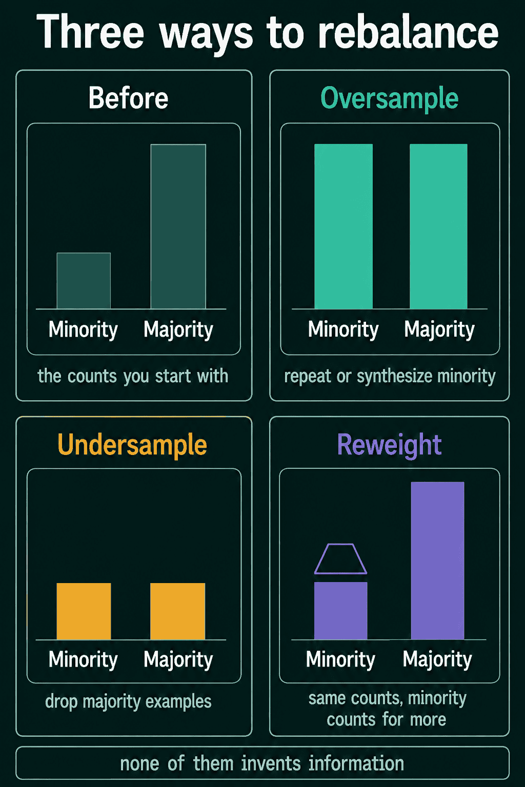 Four panels: the starting counts, oversampling that raises the minority to match the majority, undersampling that cuts the majority down to the minority, and reweighting that keeps the counts and makes each minority example count for more