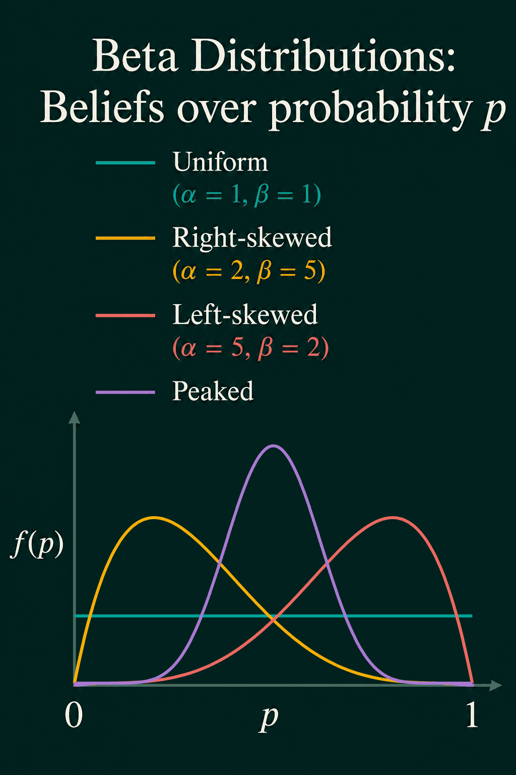 Beta densities on 0 to 1: Beta(1, 1) flat, Beta(2, 5) peaking near 0.2 with a long tail to the right, Beta(5, 2) peaking near 0.8, and Beta(10, 10) tall and narrow around 0.5.