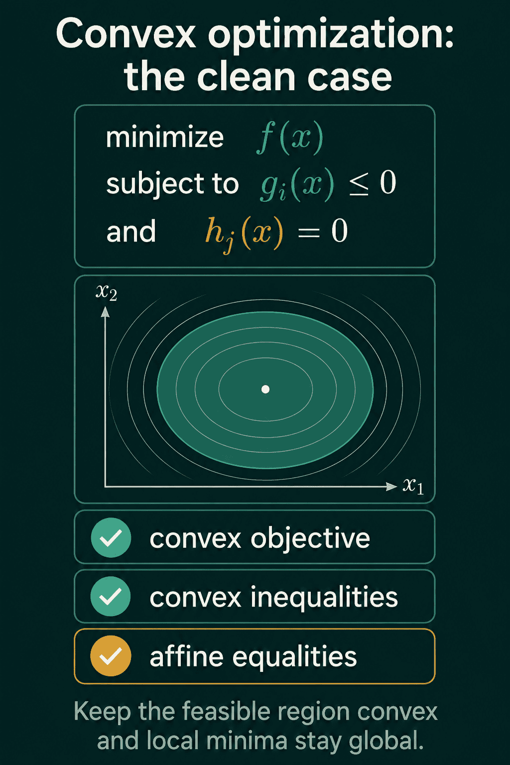 The convex optimization form, minimize f of x subject to convex inequality constraints and affine equality constraints, above a contour plot of a convex bowl with its single minimum and three checks: convex objective, convex inequalities, affine equalities