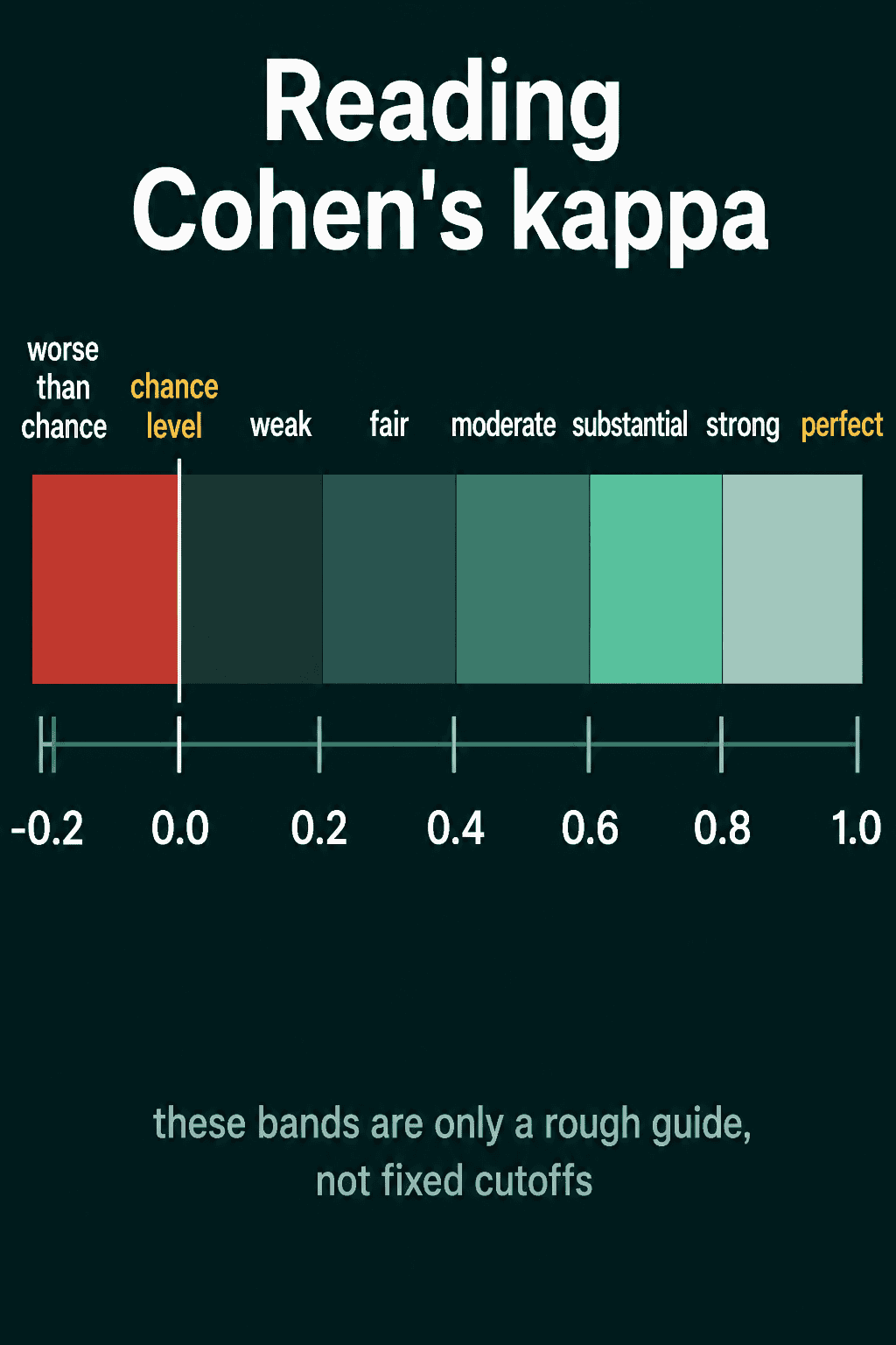 A kappa scale from -0.2 to 1.0 split into bands: worse than chance below 0, then weak, fair, moderate, substantial and strong, with a note that the bands are only a rough guide
