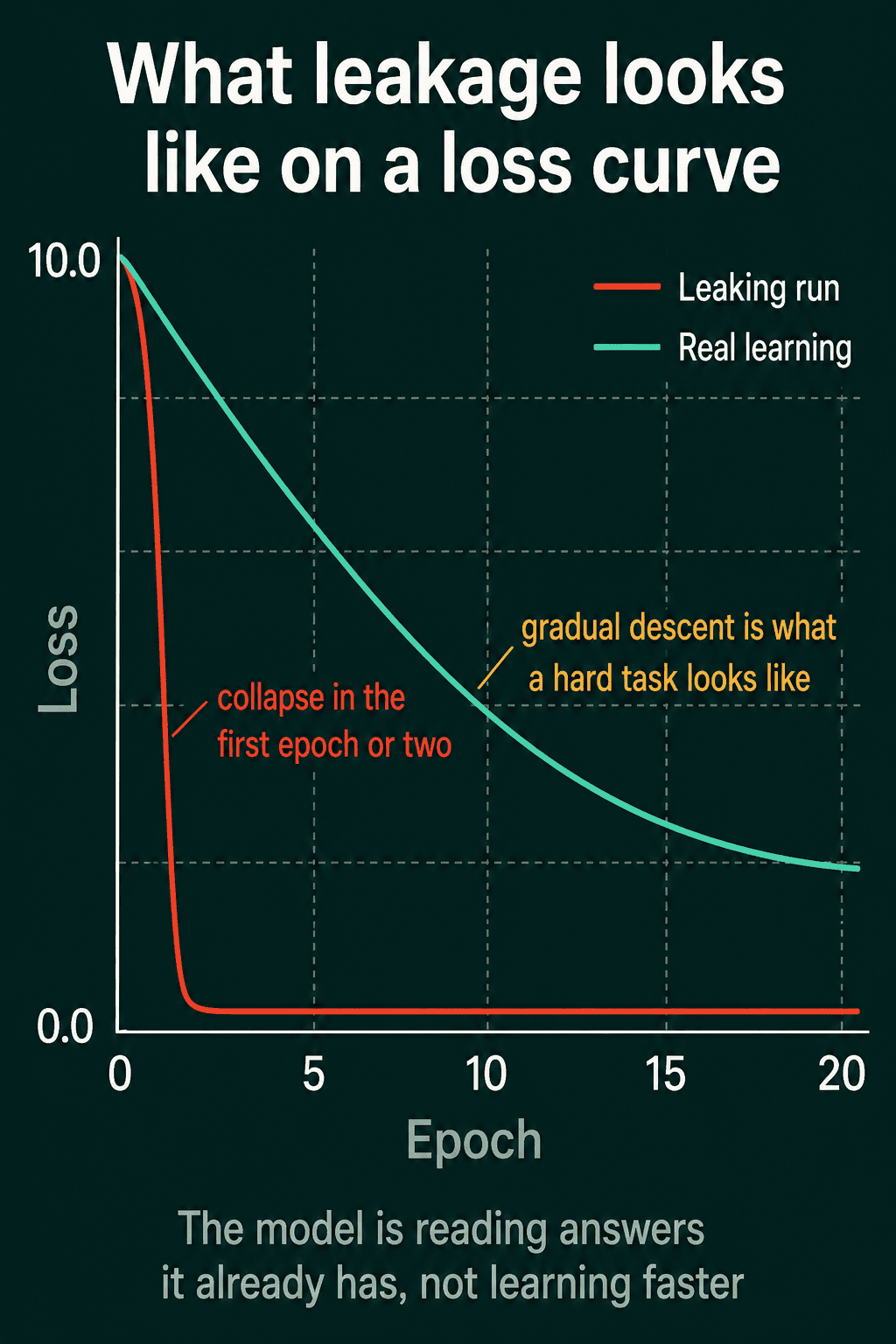 Two loss curves start at 10.0: a leaking run collapses to near zero within the first epoch or two, while real learning descends gradually over 20 epochs to a nonzero plateau