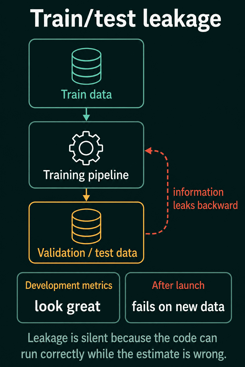 Train data flows into the training pipeline, which is evaluated on validation and test data, while a dashed red arrow shows information leaking backward from the validation and test data into the pipeline, so development metrics look great and the model fails on new data after launch