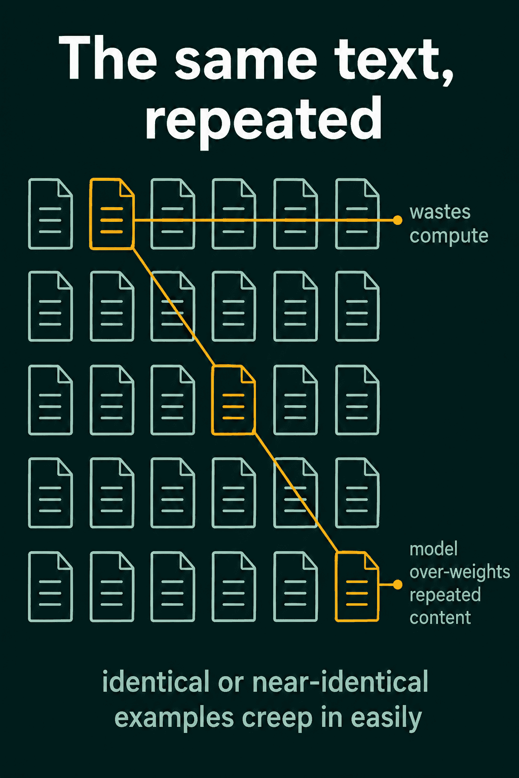 A grid of documents where the same document appears three times, which wastes compute and makes the model over-weight repeated content