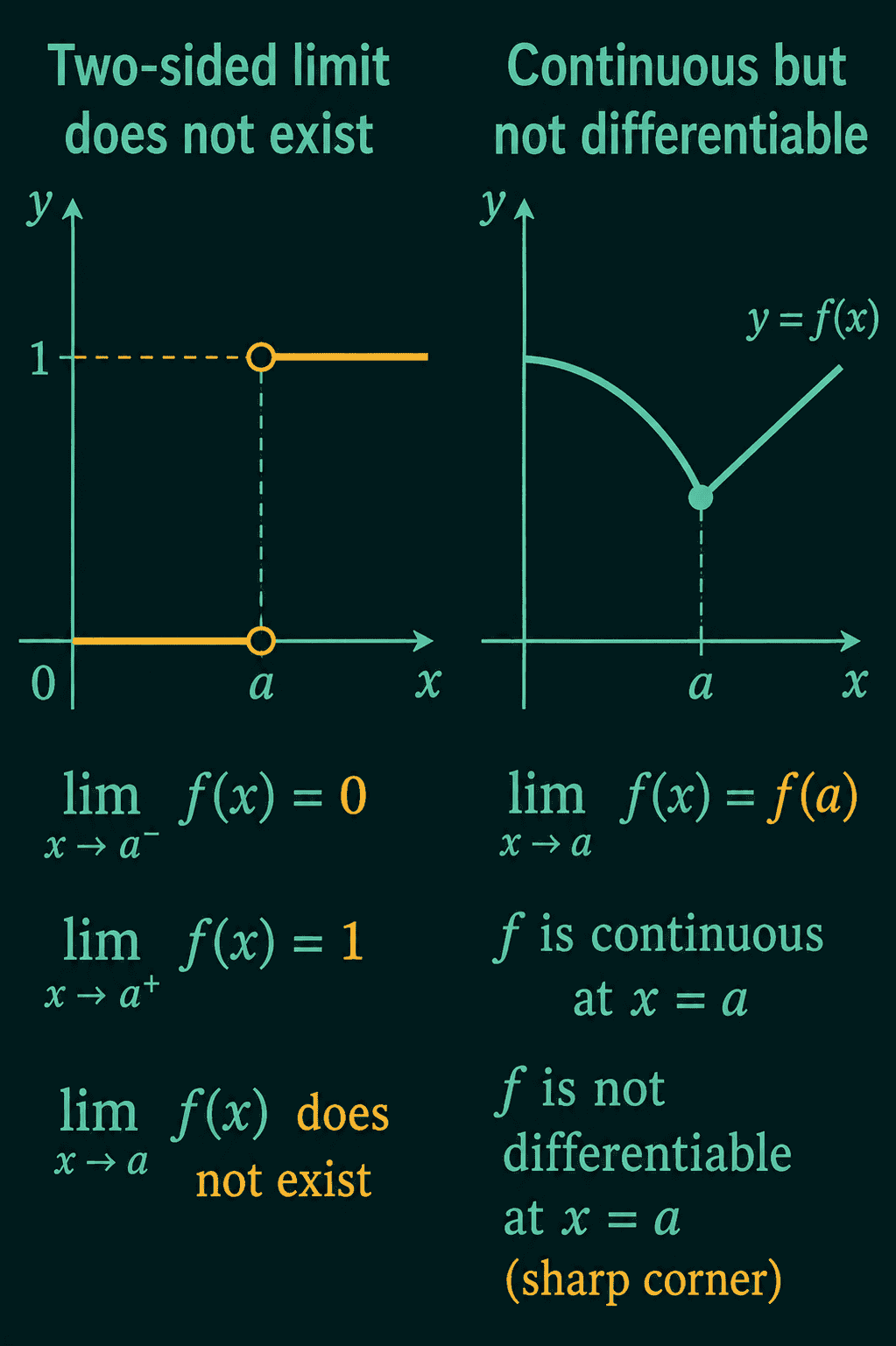 Left: a step function with left-hand limit 0 and right-hand limit 1 at a, so the two-sided limit does not exist. Right: a continuous curve with a sharp corner at a, continuous there but not differentiable