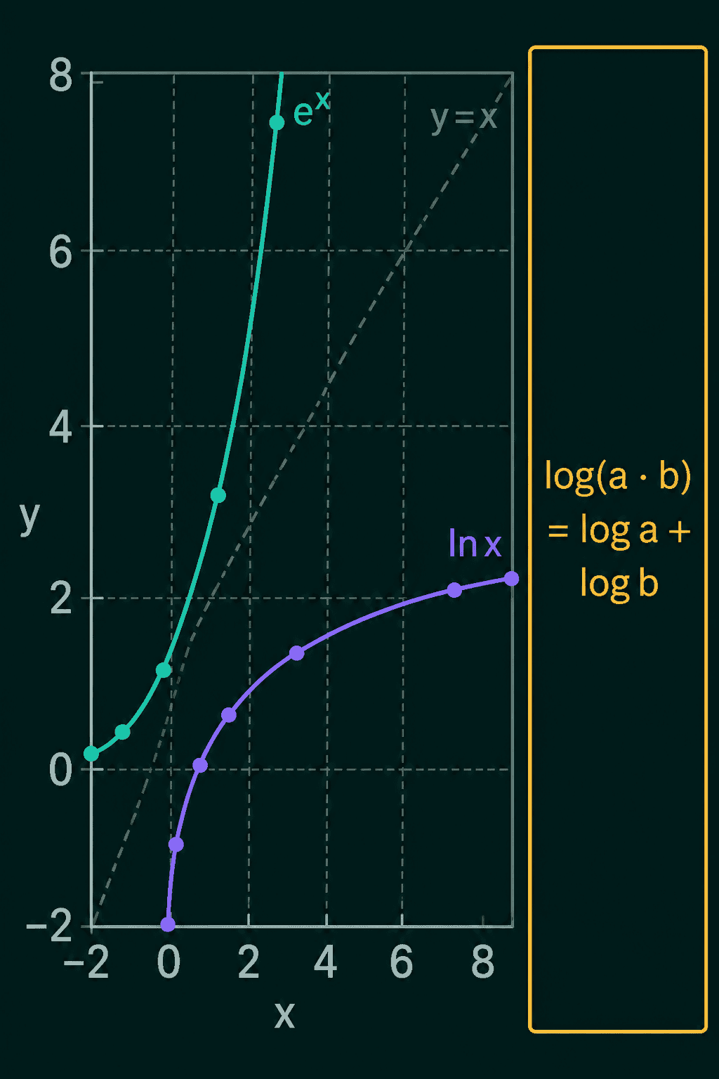 The curves of e to the x and ln x mirrored across the dashed line y equals x, next to the rule log of a times b equals log a plus log b