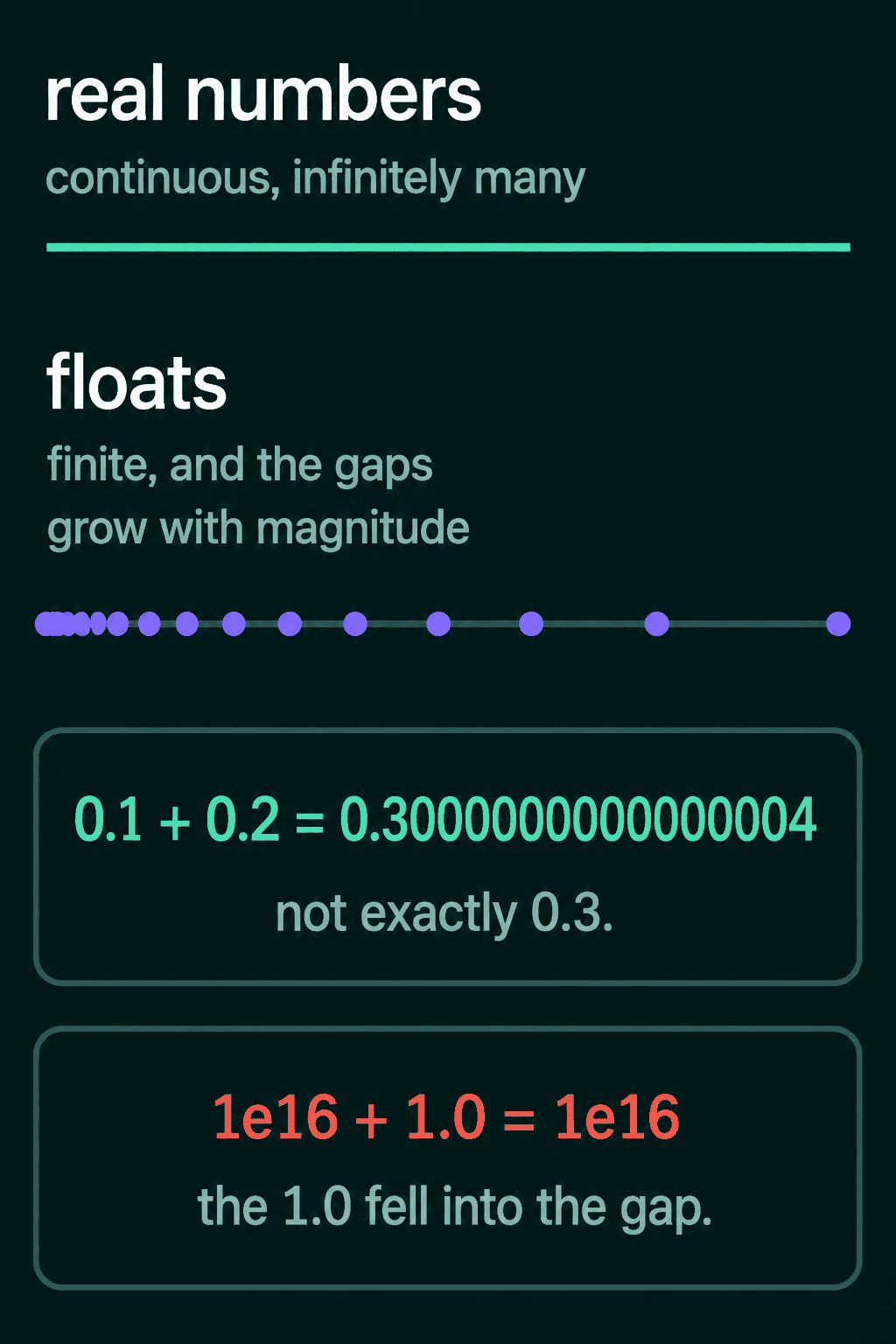 The real numbers drawn as a continuous line above a row of float dots whose gaps grow with magnitude, with 0.1 + 0.2 = 0.30000000000000004 and 1e16 + 1.0 = 1e16 underneath.