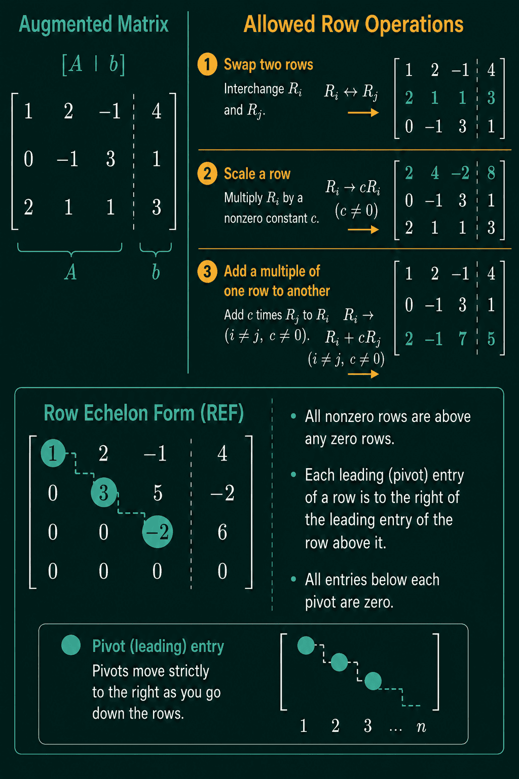 The augmented matrix with rows (1, 2, minus 1 | 4), (0, minus 1, 3 | 1) and (2, 1, 1 | 3), the result of swapping two rows, scaling a row by 2, and adding 2 times row 2 to row 3, and an example of row echelon form with pivots stepping to the right