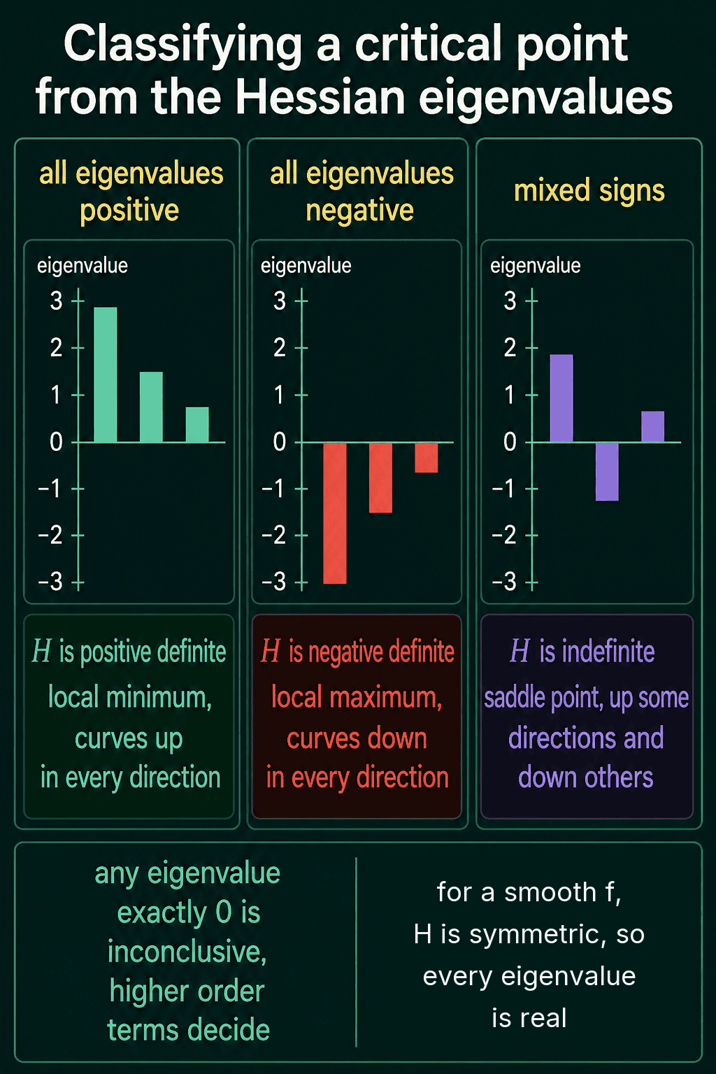 Three bar charts of Hessian eigenvalues at a critical point: all positive means H is positive definite, a local minimum that curves up in every direction; all negative means negative definite, a local maximum that curves down in every direction; mixed signs mean indefinite, a saddle point that goes up in some directions and down in others, with notes that any eigenvalue exactly 0 is inconclusive and that for a smooth f, H is symmetric, so every eigenvalue is real