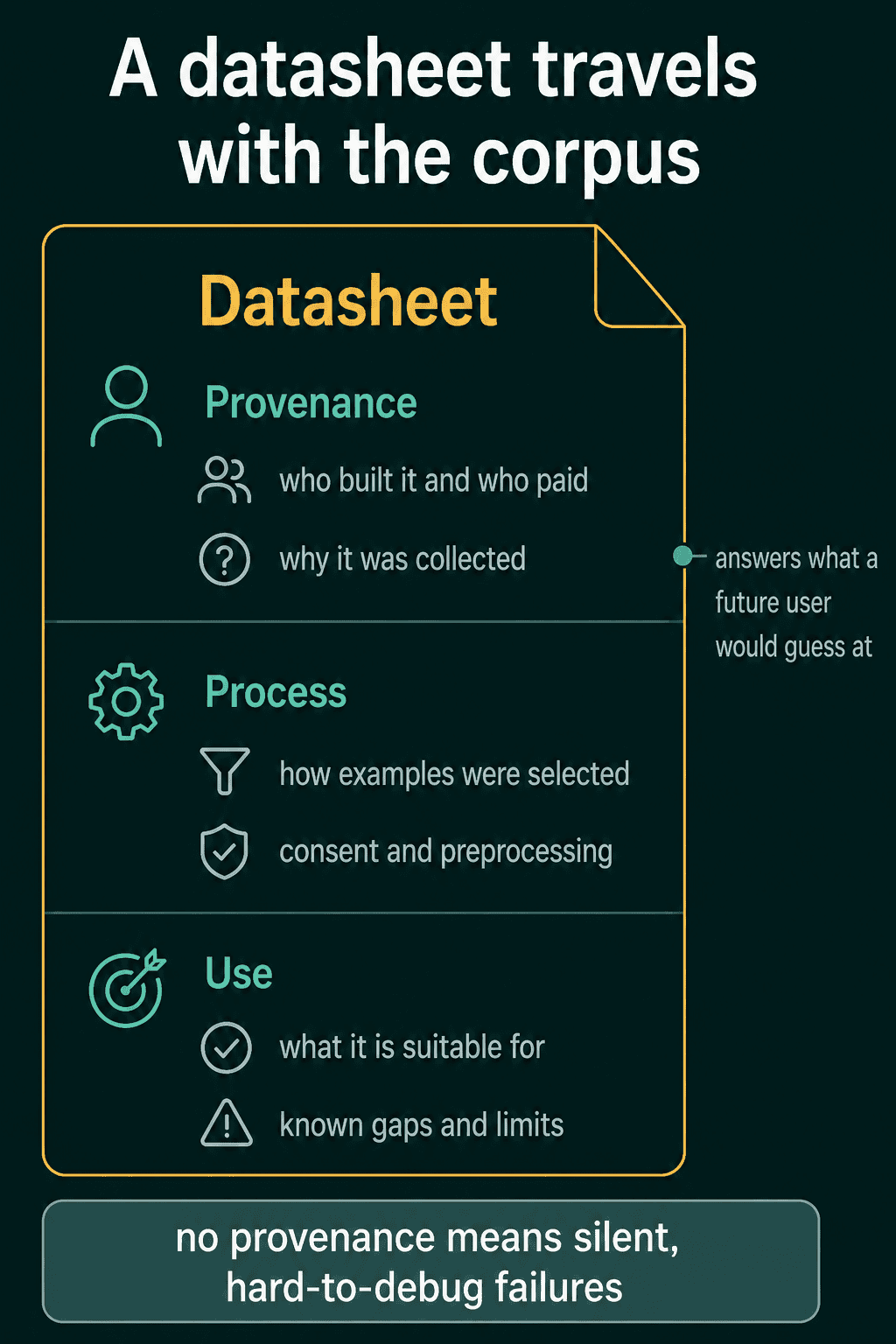 A datasheet with three sections: provenance, who built it, who paid and why, process, how examples were selected and consent and preprocessing, and use, what it is suitable for and its known gaps