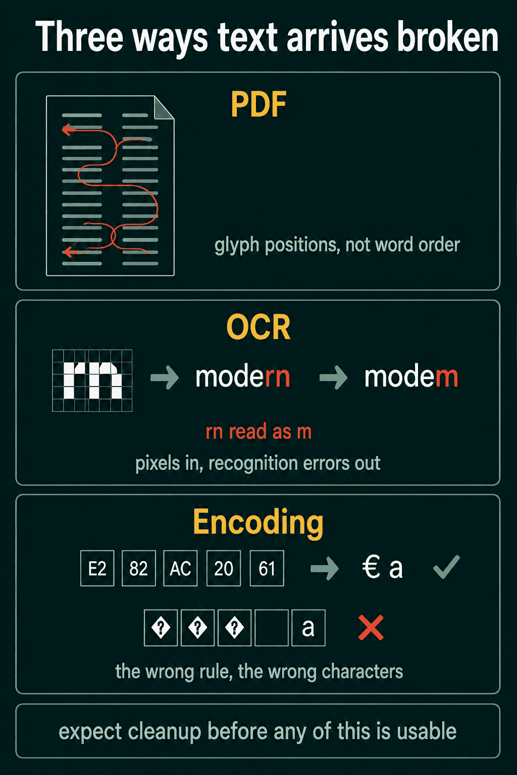 Three ways text arrives broken: a PDF whose glyph positions scramble the reading order, OCR reading rn in modern as m to give modem, and the bytes E2 82 AC 20 61 decoding to the euro sign and a with the right rule and to replacement marks with the wrong one