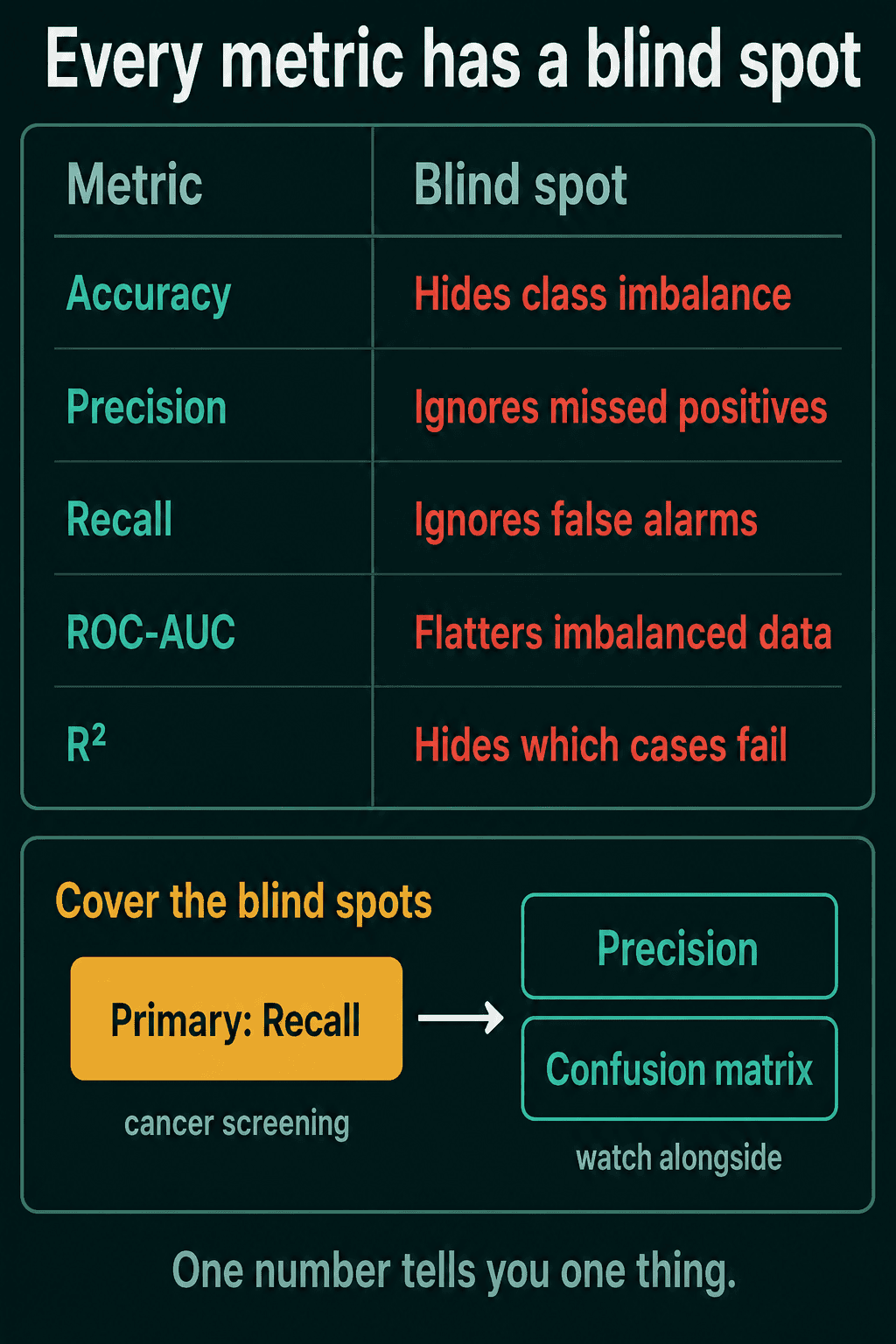A table titled "Every metric has a blind spot" pairing accuracy with hides class imbalance, precision with ignores missed positives, recall with ignores false alarms, ROC-AUC with flatters imbalanced data, and R² with hides which cases fail, above a panel where a primary recall metric for cancer screening points to precision and the confusion matrix to watch alongside