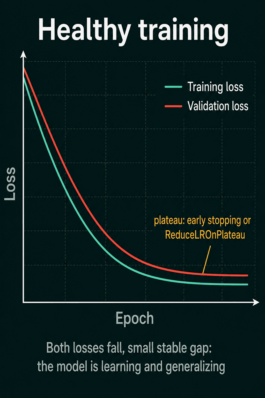 A plot titled "Healthy training". Training loss and validation loss both fall steeply and then flatten, with the validation loss slightly above the training loss. A label on the flat part says plateau: early stopping or ReduceLROnPlateau. A caption says both losses fall with a small stable gap, the model is learning and generalizing.