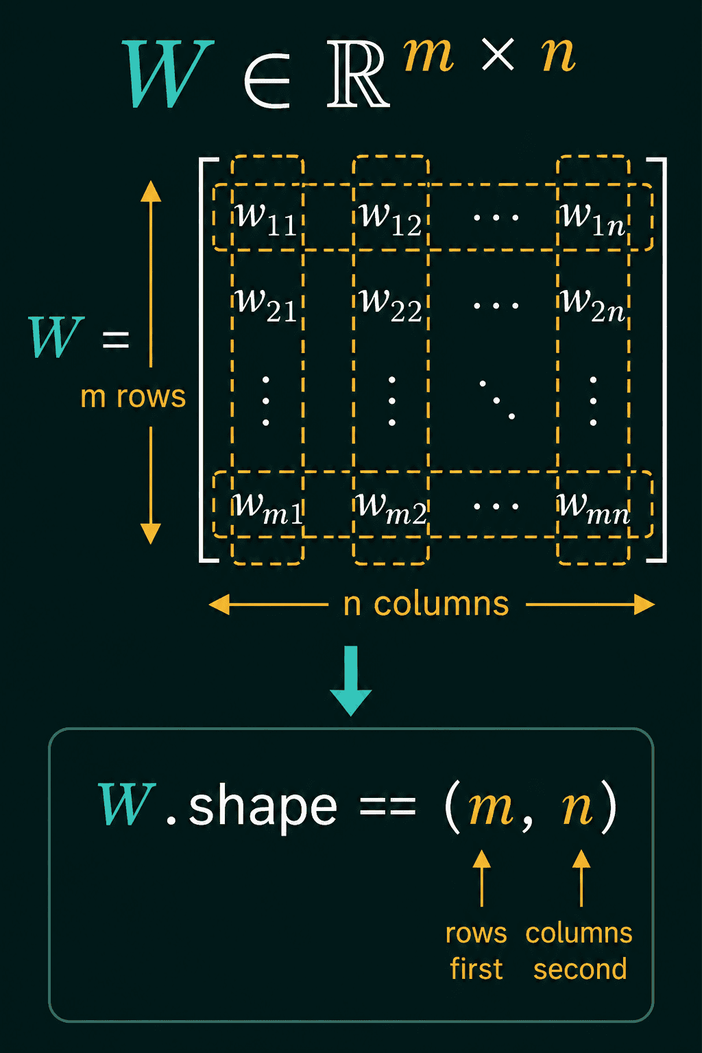 W in R m by n translating to W.shape equals (m, n), with rows first and columns second