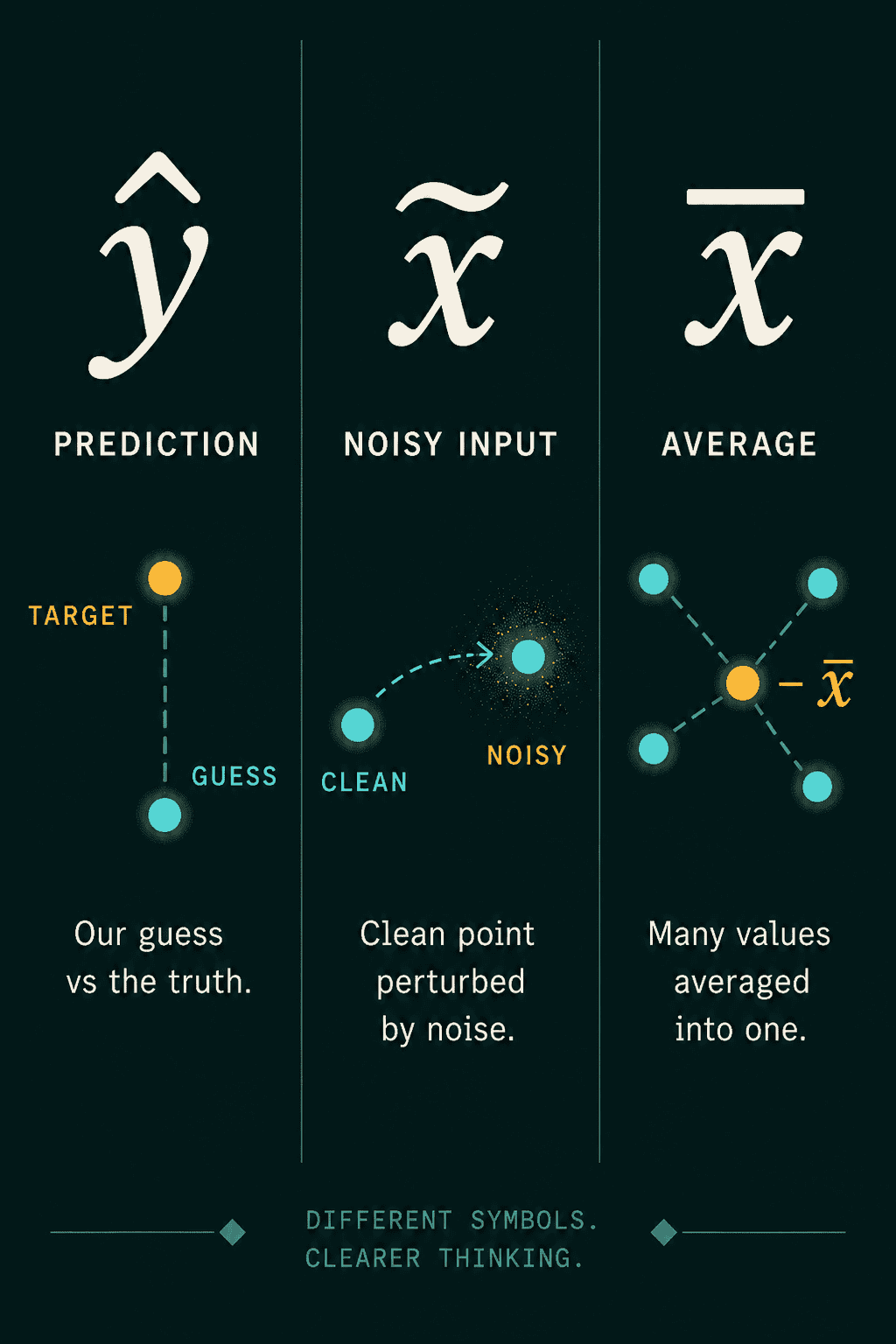 The prediction as a guess next to a target, a clean point pushed to a noisy point, and several points averaged into one