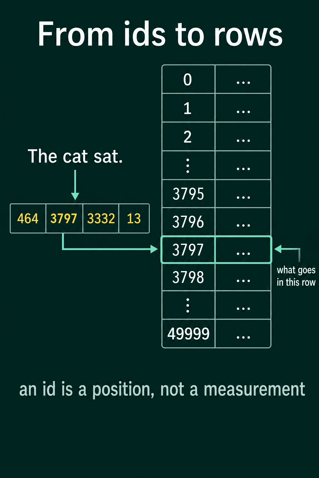 The sentence The cat sat. turned into the ids 464, 3797, 3332 and 13, with the id 3797 pointing at row 3797 of a 50,000-row table whose contents are still empty