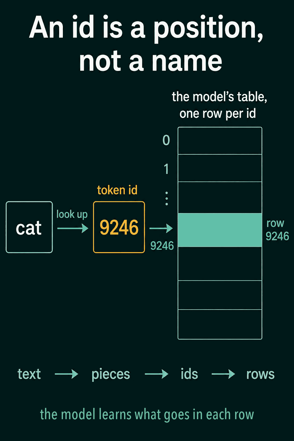 The token cat looked up as id 9246, which picks row 9246 of the model's table with one row per id, so the full path is text, pieces, ids, rows