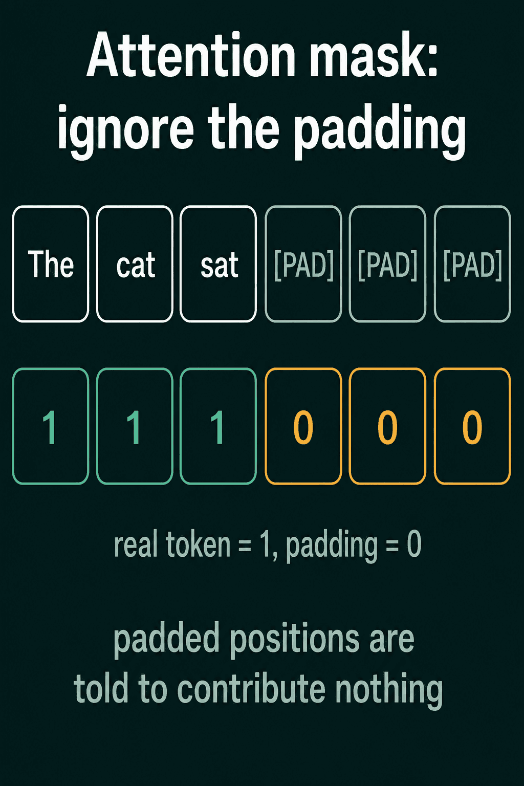 The cat sat followed by three PAD tokens, with an attention mask of 1, 1, 1 for the real tokens and 0, 0, 0 for the padding
