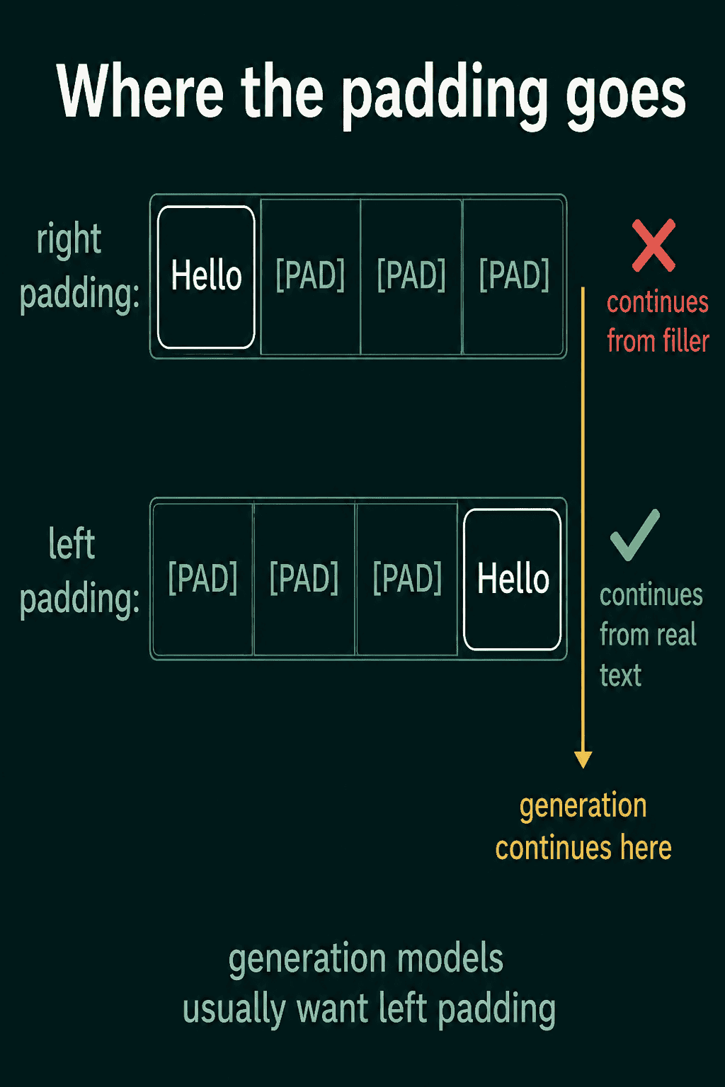 Right padding with Hello followed by three PAD tokens, where generation would continue from filler, and left padding with three PAD tokens before Hello, where generation continues from the real text