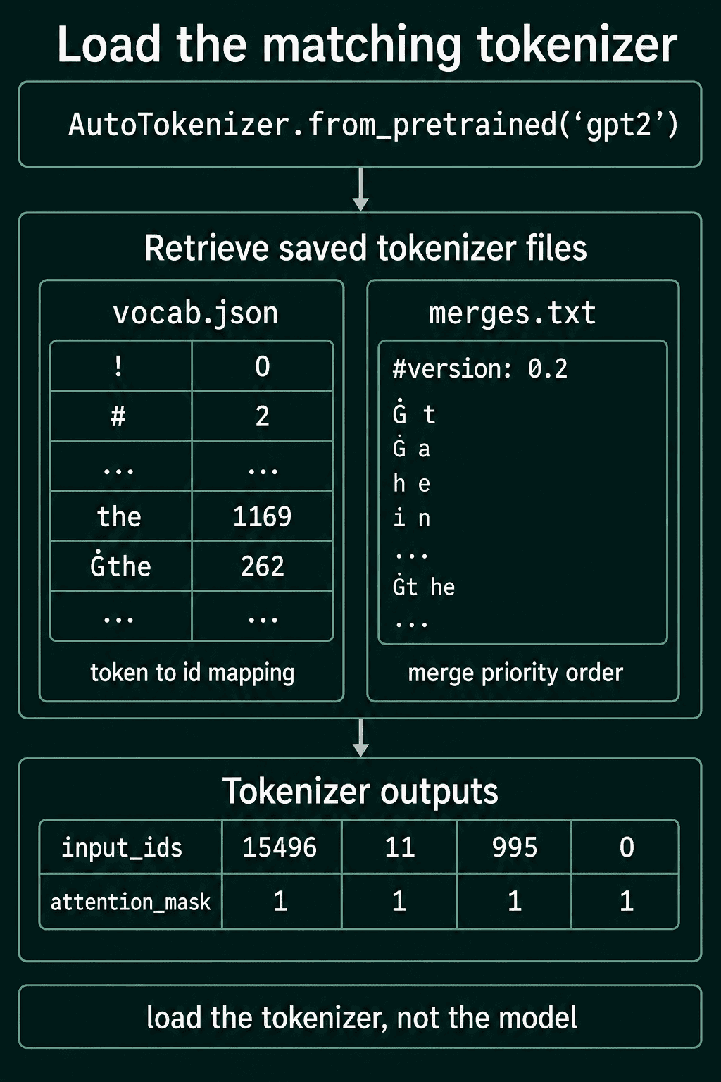 AutoTokenizer.from_pretrained('gpt2') loading vocab.json, which maps each token to an id, and merges.txt, which lists merges in priority order, then returning input_ids 15496, 11, 995 and 0 with an attention mask of four ones