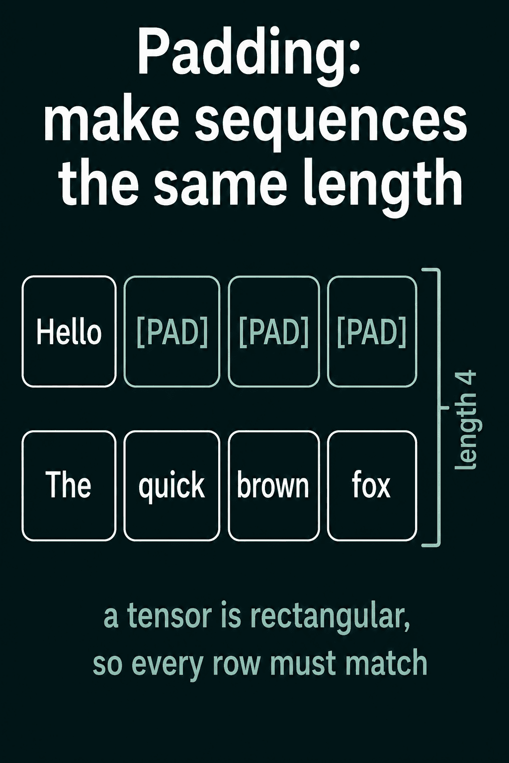 Hello followed by three PAD tokens stacked above The quick brown fox, both rows of length 4, since a tensor is rectangular and every row has to match