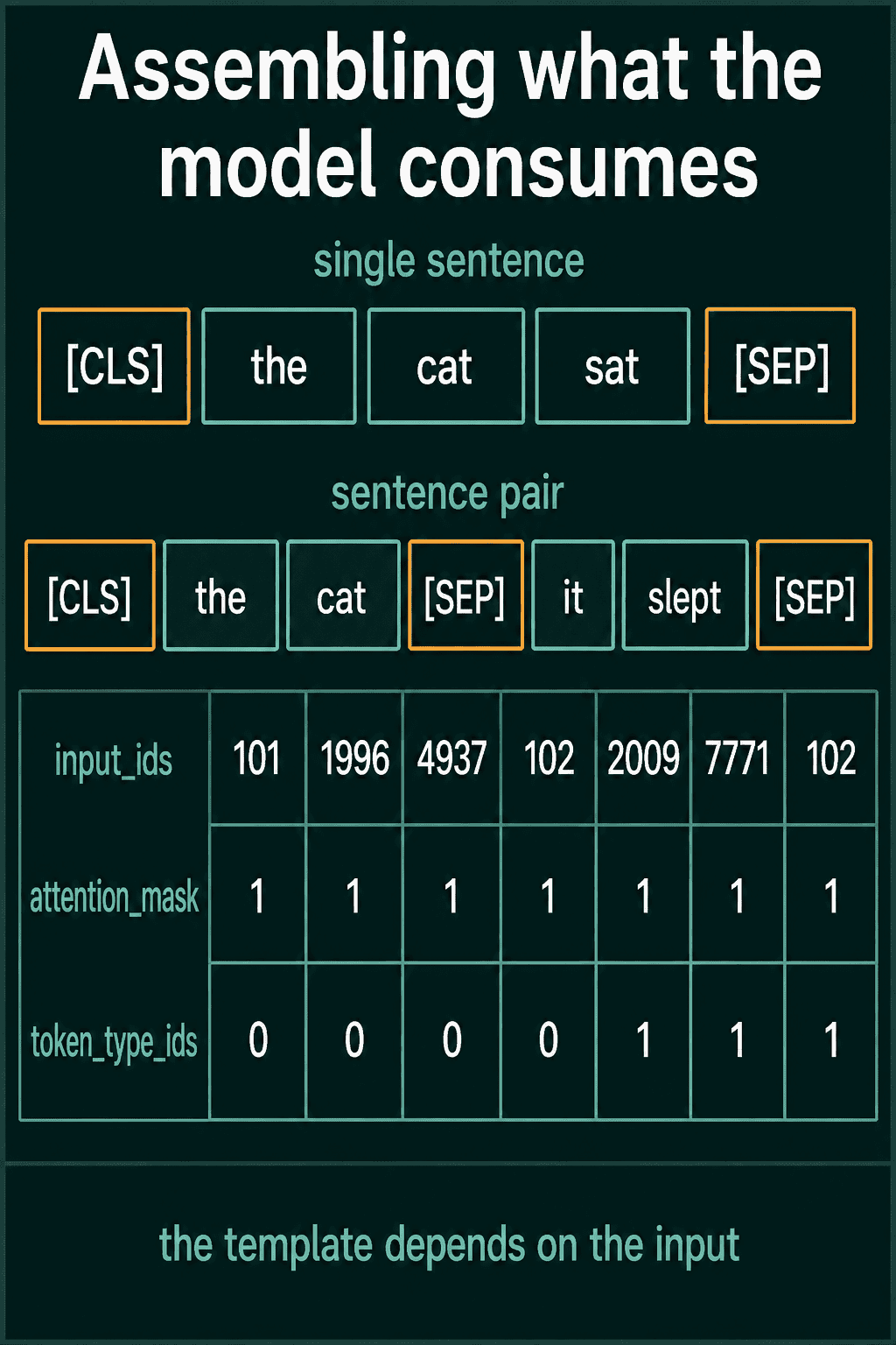 One sentence wrapped as CLS the cat sat SEP and a sentence pair as CLS the cat SEP it slept SEP, with input_ids 101, 1996, 4937, 102, 2009, 7771, 102, an attention mask of ones and token_type_ids 0 for the first sentence and 1 for the second