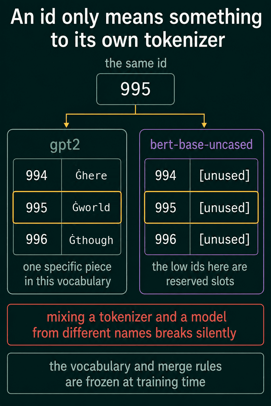 The id 995 pointing into two vocabularies, Ġworld in gpt2 and an unused reserved slot in bert-base-uncased, so mixing a tokenizer and a model from different names gives wrong output with no error