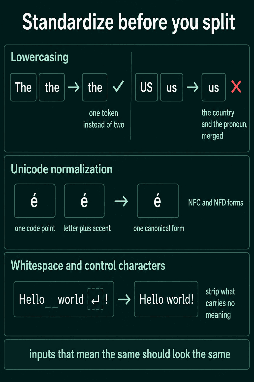 Lowercasing merging The and the into one token but also US and us, Unicode normalization turning two ways of writing é into one, and whitespace cleanup turning Hello world with extra spaces and a line break into Hello world!