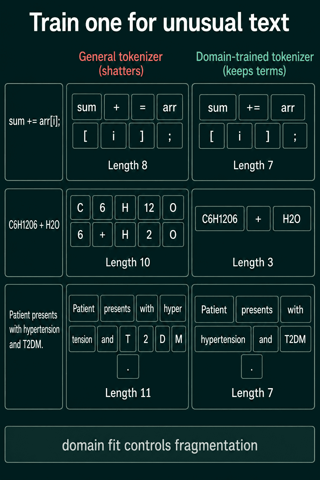 A general tokenizer splitting sum += arr[i]; into 8 tokens, C6H12O6 + H2O into 10 and a clinical note into 11, while a domain-trained tokenizer keeps += , the formulas and terms like hypertension and T2DM whole