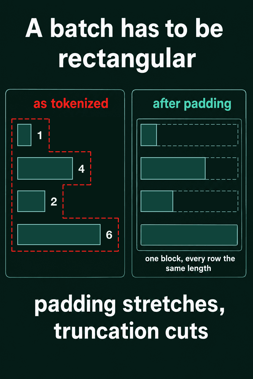 Four tokenized sequences of 1, 4, 2 and 6 tokens that do not form a rectangle, next to the same sequences padded into one block where every row is the same length