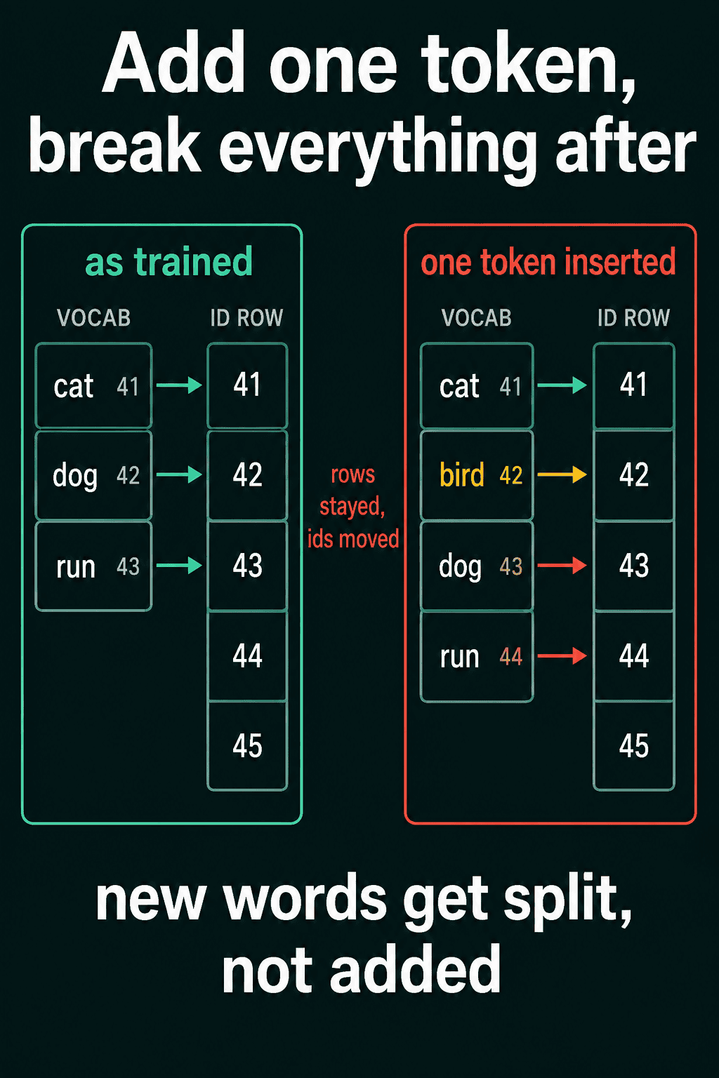 A vocabulary of cat 41, dog 42 and run 43 next to the same vocabulary with bird inserted at 42, which moves dog to 43 and run to 44 while the rows stay where they were