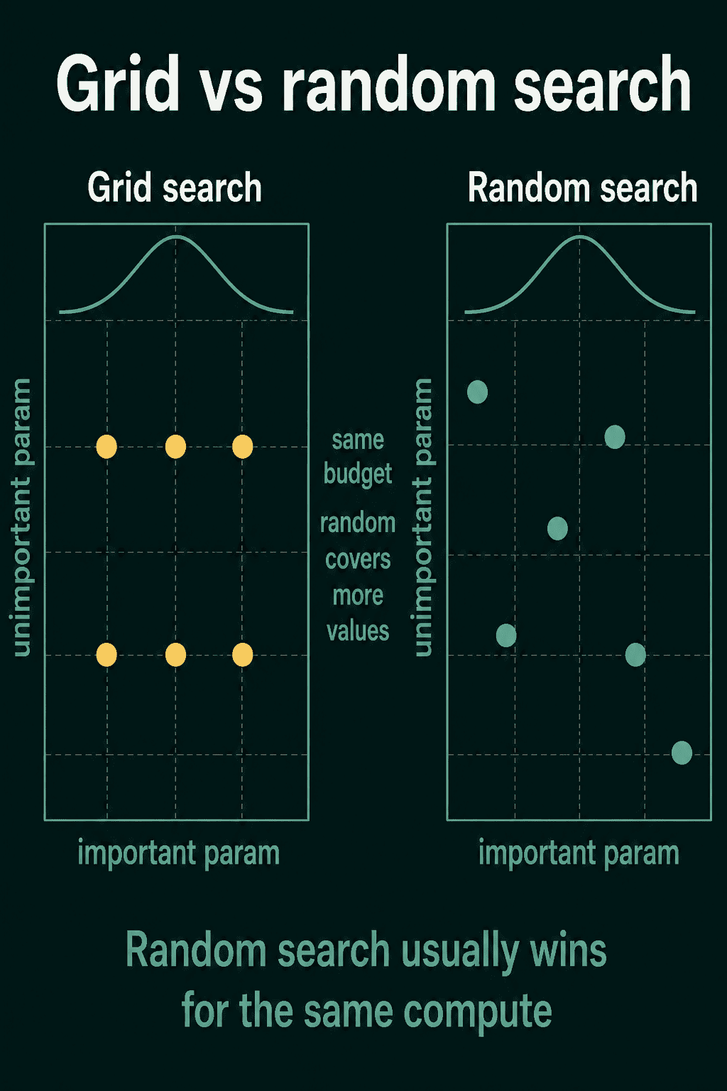 Two panels with six dots each: grid search places its dots in 3 columns of 2, testing 3 values of the important parameter, while random search places 6 dots at 6 different horizontal positions under a curve showing which values of the important parameter score best