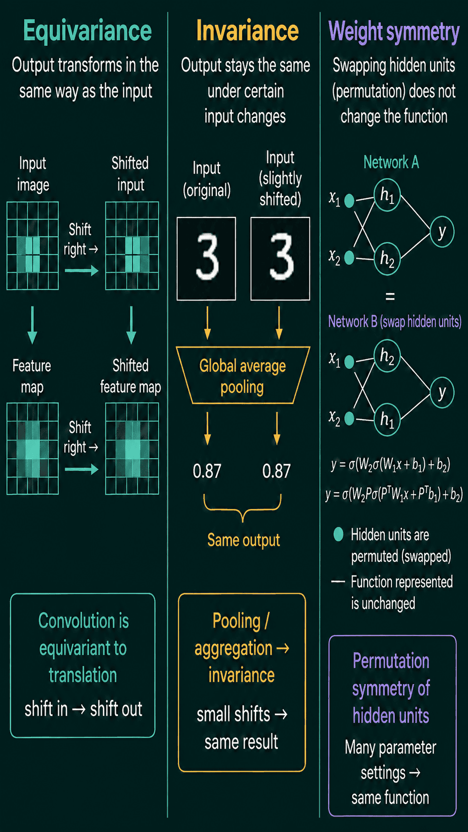 Three columns: a convolution whose feature map shifts right when its input image shifts right, global average pooling that gives 0.87 for both an original and a slightly shifted digit, and two small networks with their two hidden units swapped that compute the same function