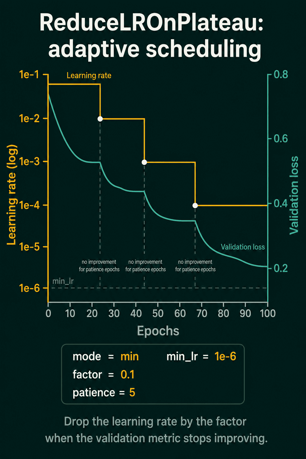 ReduceLROnPlateau with mode min, factor 0.1, patience 5 and min_lr 1e-6: the learning rate, on a log scale, steps down each time the validation loss flattens for the patience window, while the validation loss keeps falling after each cut.