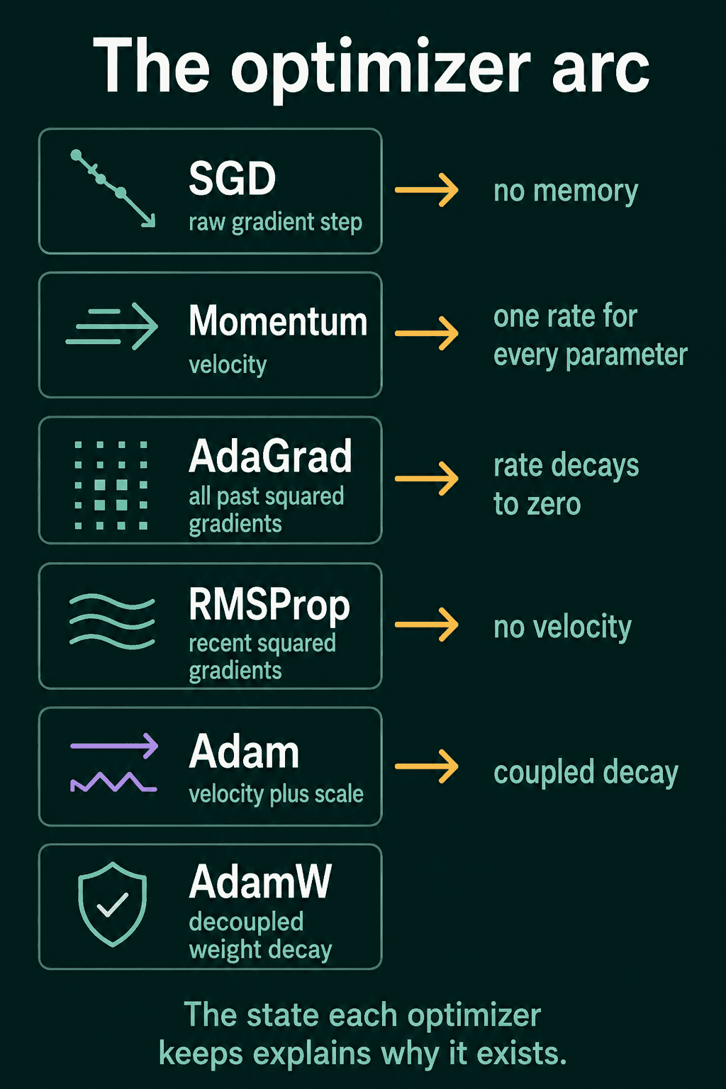 Each optimizer keeps one more piece of state than the last: SGD keeps none, momentum keeps a velocity, AdaGrad and RMSProp keep squared gradients, Adam keeps both, AdamW decouples the decay.