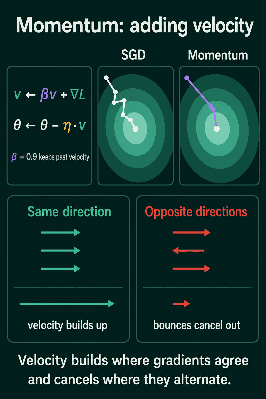 Momentum keeps a velocity so gradients that agree build up speed and gradients that alternate cancel out, turning SGD's zigzag into a straighter path.