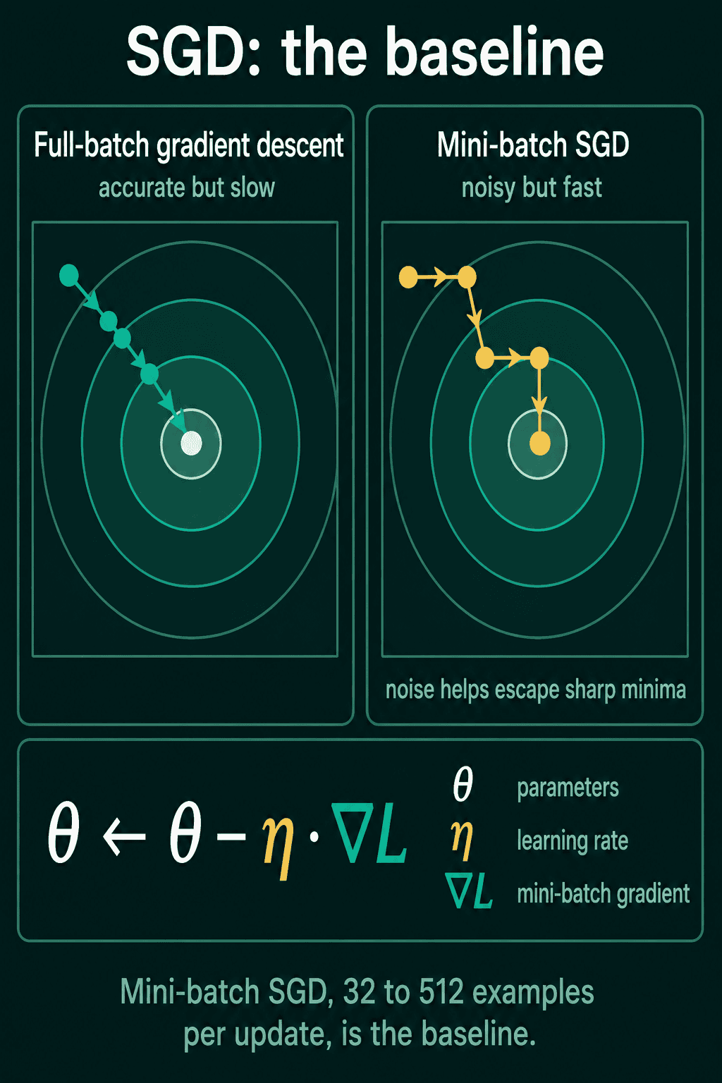 Full-batch gradient descent takes clean steps toward the minimum, mini-batch SGD takes noisier but much cheaper ones, and the update rule is parameters minus learning rate times gradient.