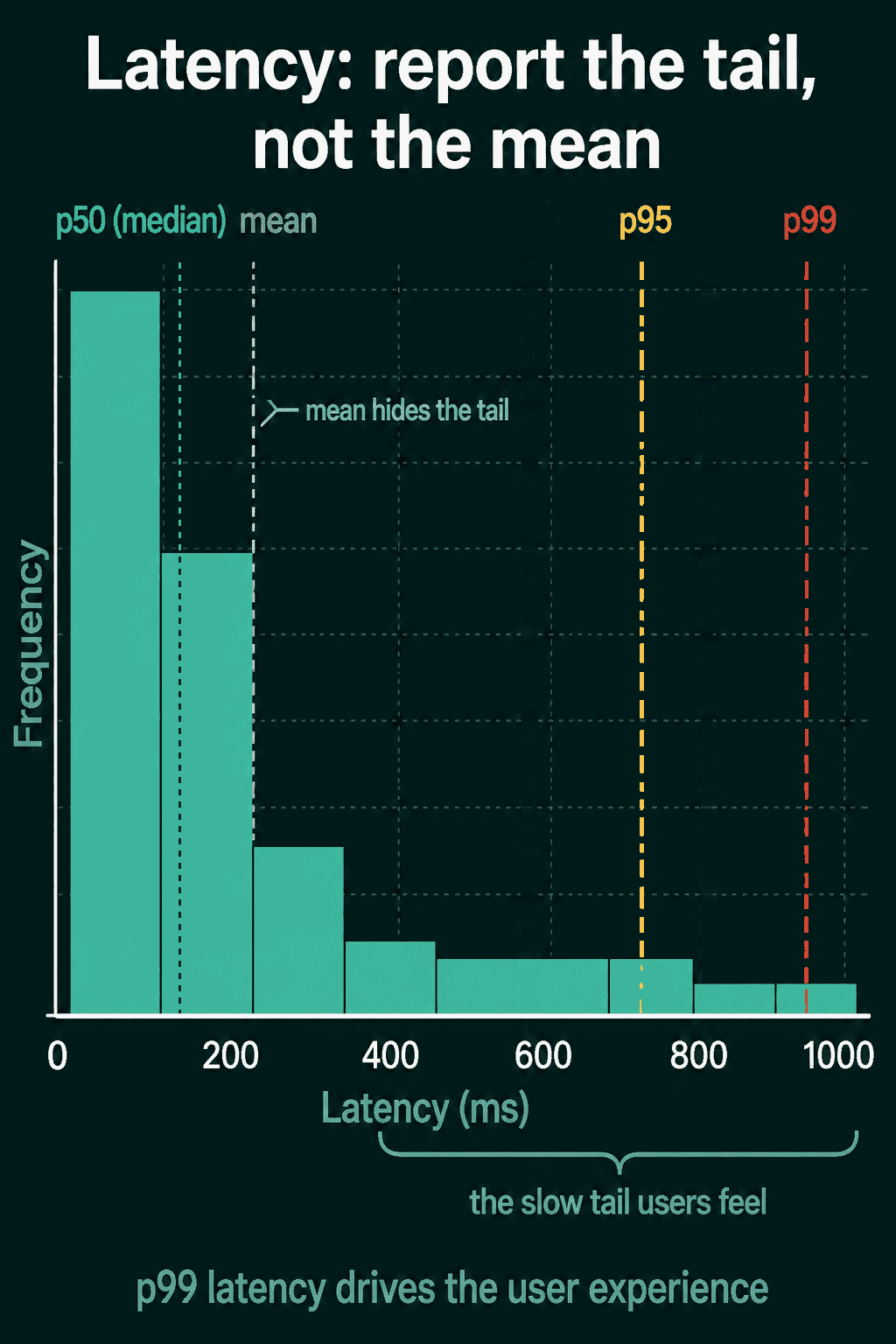 A right-skewed latency histogram with dashed lines for the median, the mean, p95, and p99, showing the slow tail users feel to the right of the mean