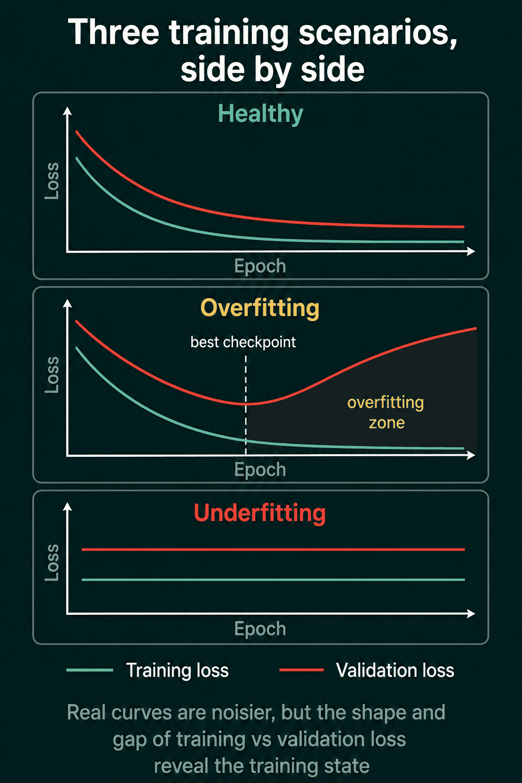 Healthy training has both losses falling and staying close, overfitting has validation loss turning upward while training loss keeps falling, and underfitting has both losses flat and high.