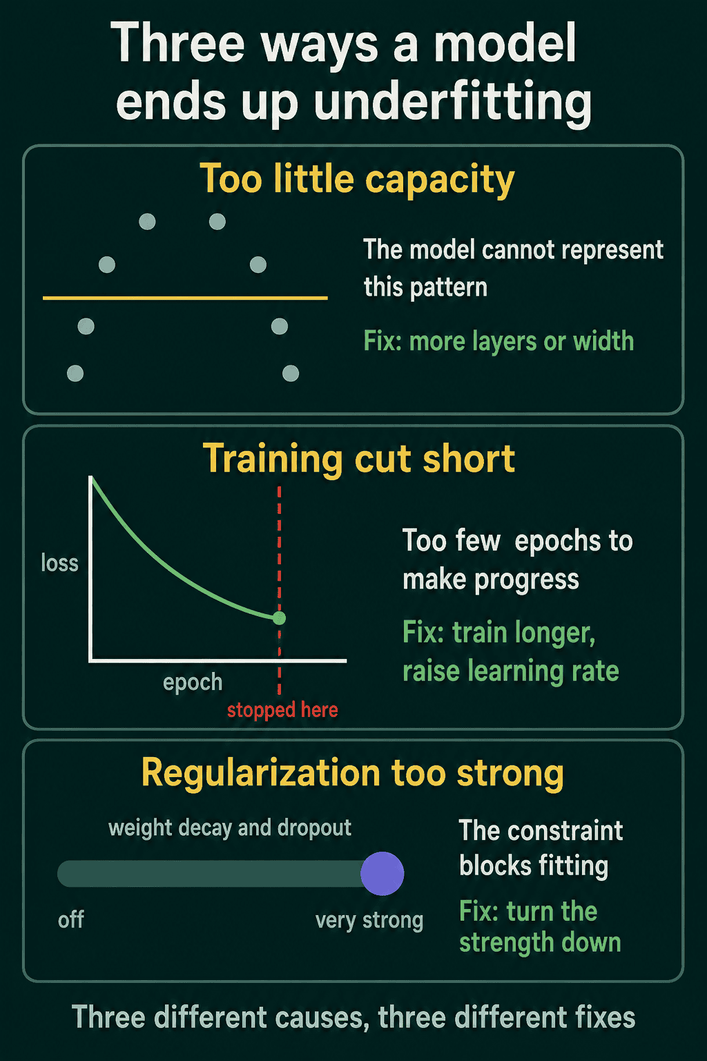 Three causes of underfitting side by side: a model with too little capacity, training stopped too early, and regularization set too strong, each with its fix.