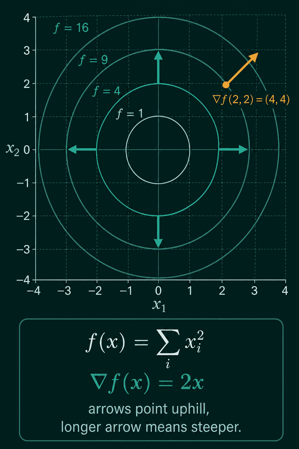 Circles of constant f = 1, 4, 9, 16 around the origin for f(x) = sum of x_i squared, with gradient arrows pointing outward and the gradient at (2, 2) equal to (4, 4), where arrows point uphill and a longer arrow means steeper