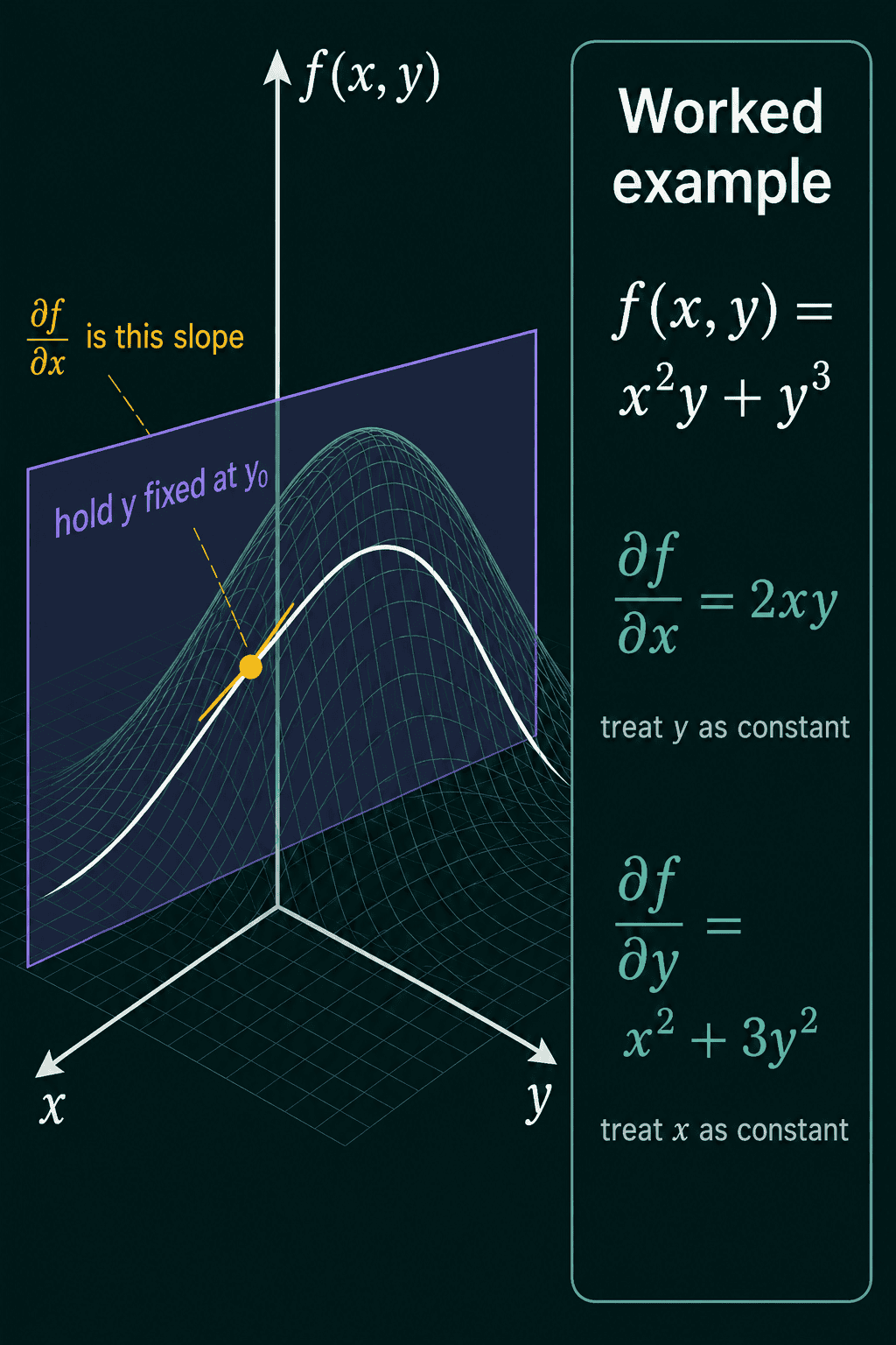 A 3D surface f(x, y) cut by a vertical plane that holds y fixed at y0, where the slope of the curve where the plane meets the surface is the partial derivative with respect to x, next to the worked example f(x, y) = x squared y plus y cubed with partial f over partial x = 2xy (treat y as constant) and partial f over partial y = x squared plus 3y squared (treat x as constant)