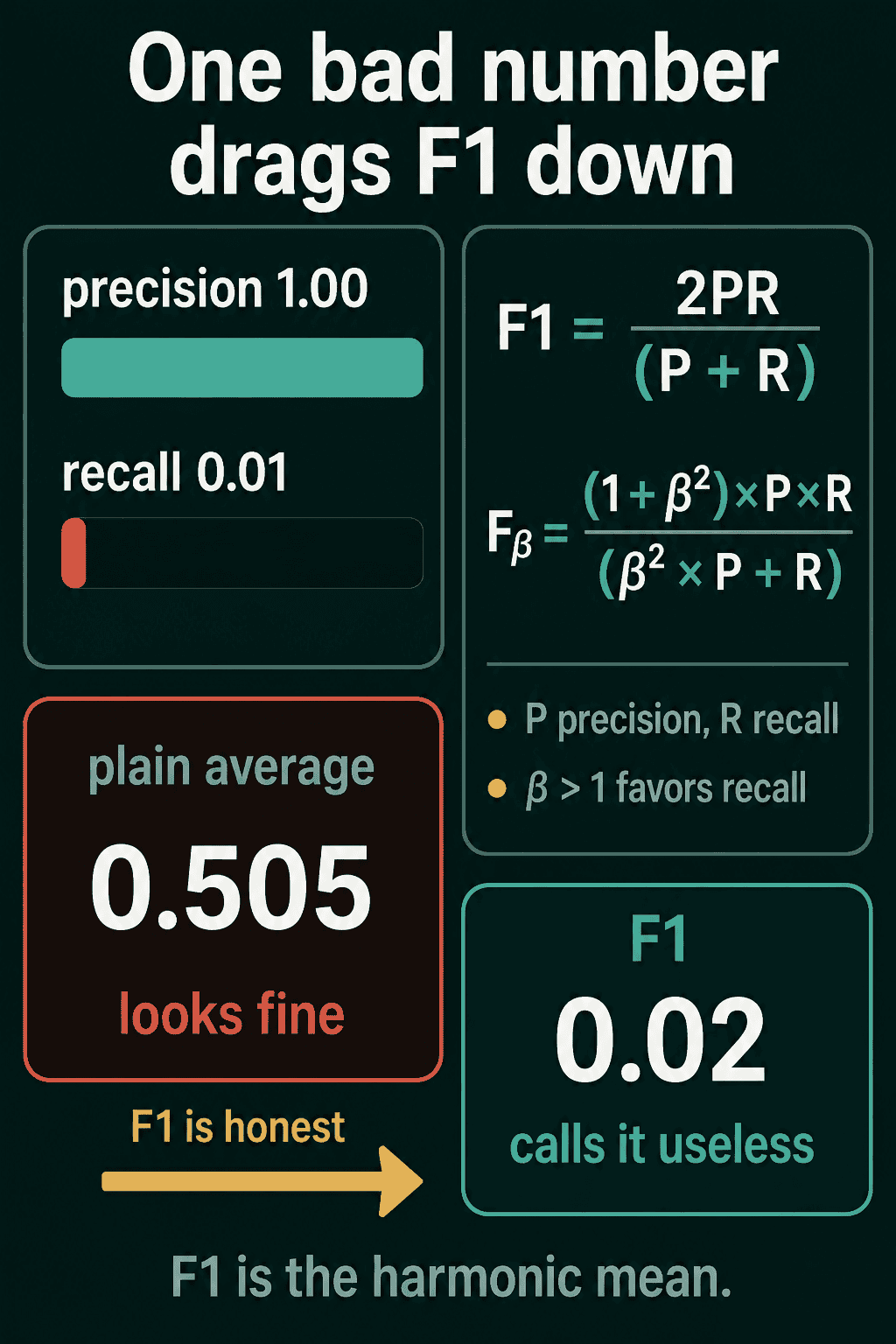 Precision 1.00 and recall 0.01 give a plain average of 0.505 but an F1 of 0.02, shown next to the formulas for F1 and F-beta with P for precision and R for recall