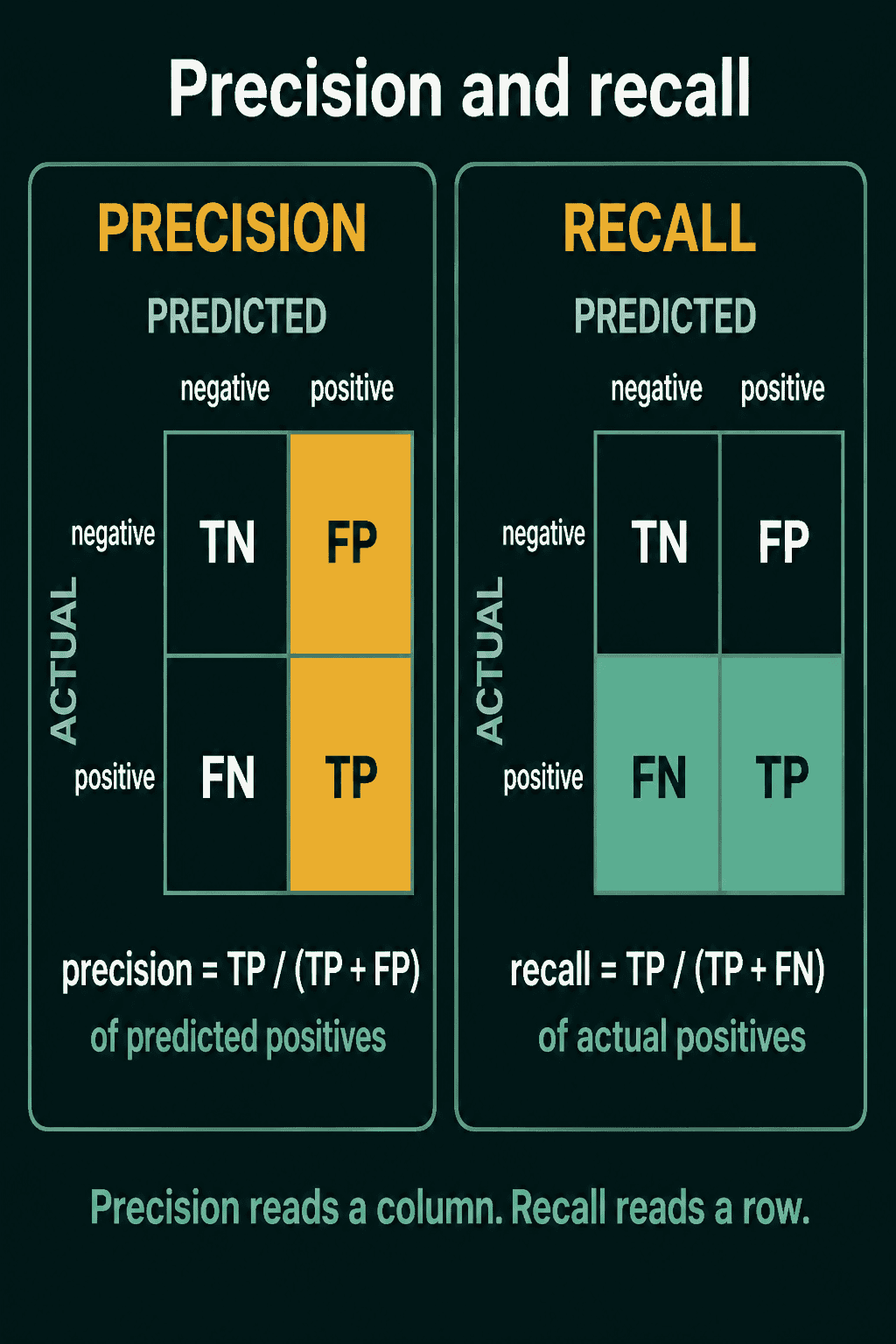 Two copies of a 2 by 2 confusion matrix with actual class on the rows and predicted class on the columns, the left one shading the predicted-positive column (FP and TP) for precision and the right one shading the actual-positive row (FN and TP) for recall